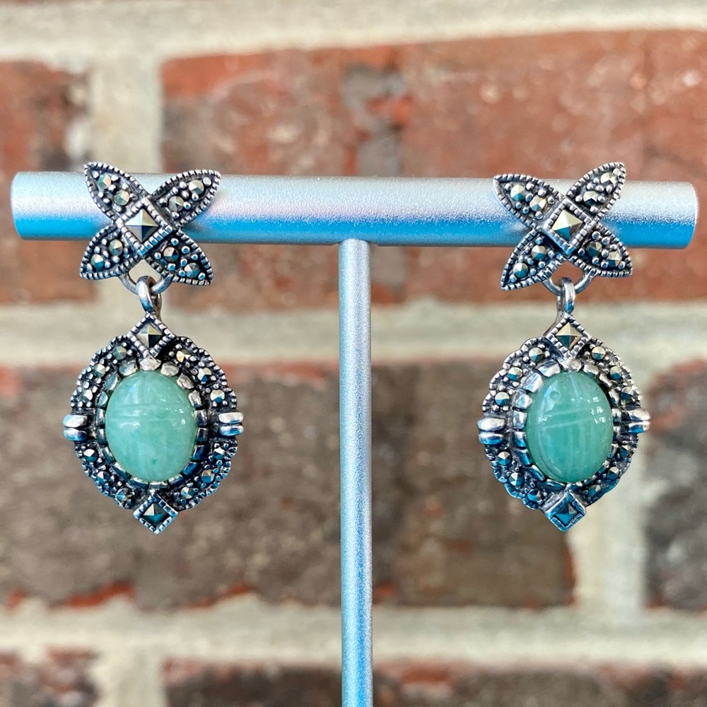 Green Nephrite Jade Marcasite Sterling Silver Earrings